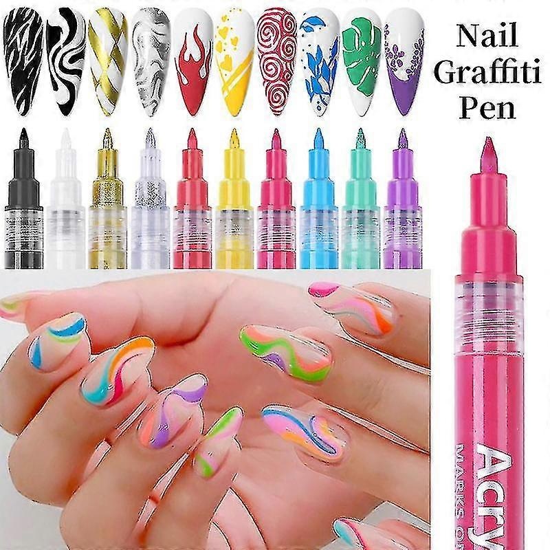 10 Nail Art Pens Nail Graffiti Pen Waterproof Nail Polish Pen (10 Colors) - MXBC