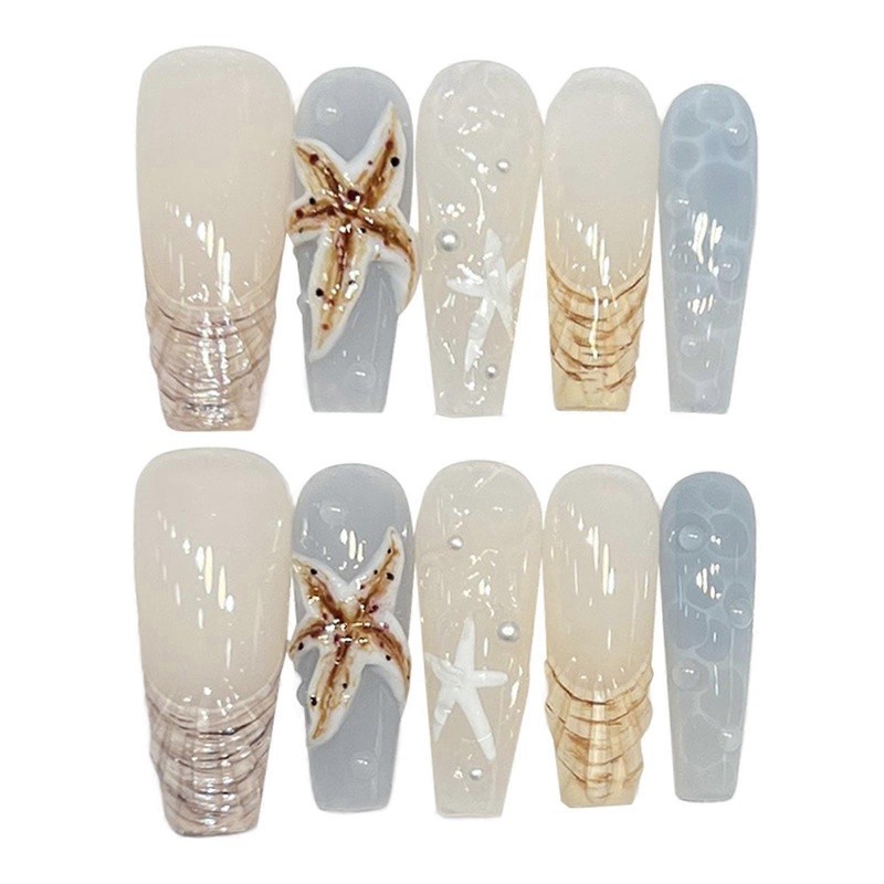 10PCS Summer Theme Fake Nails with French Tip Reusable Long Lasting Press on
