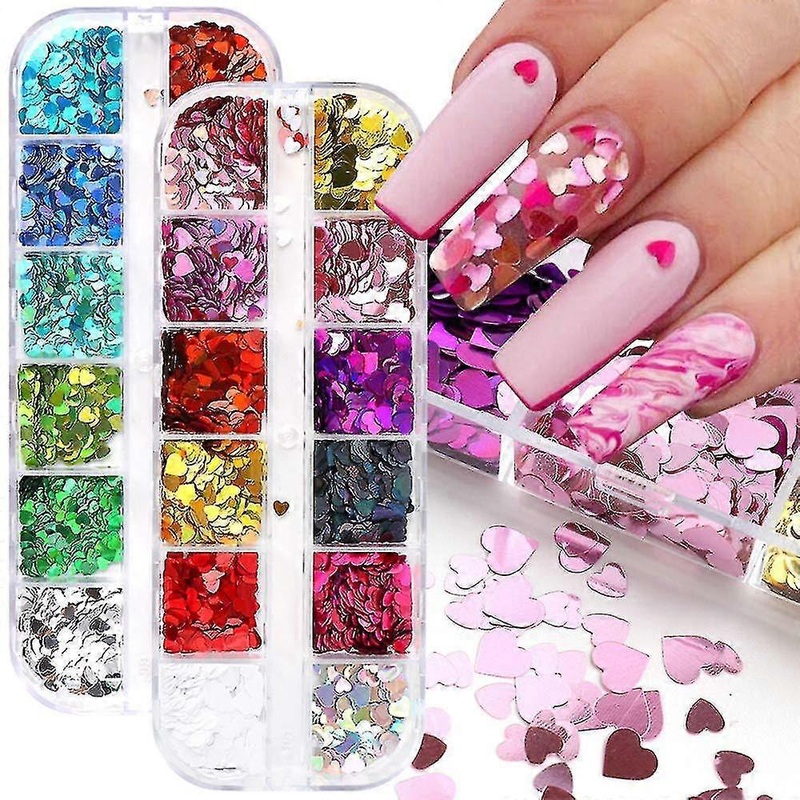 24 Colors Holographic Heart Nail Glitter Sequins Set - 3D Laser Heart Shape Decals, Ultra-Thin Flakes - Nail Art Accessories