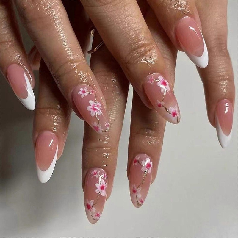 24 Pcs French Tip Full Cover False Nail Flowers Press On Nail Medium Almond Stick On Nail Acrylic Nail for Daily