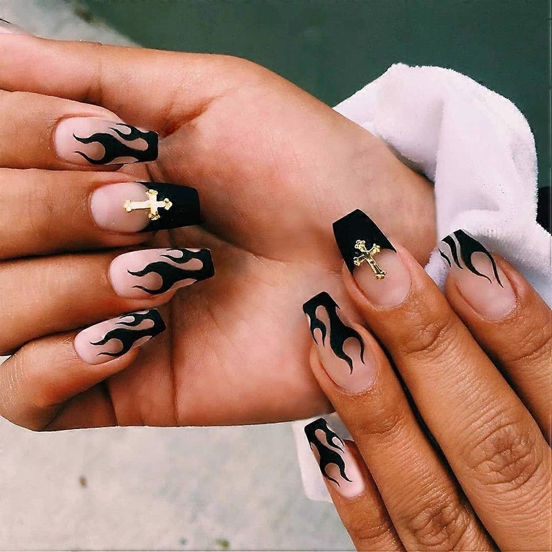 Press On Nails For Women, Flame Design Ballerina Shape Acrylic False Nails Glossy Finish, Easy Application French Tip Nails With Varied Sizes For