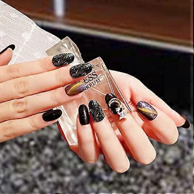 Quality Material Acrylic, Sparkle Black Press On Nails Coffin Shape Medium Length Acrylic 24PCS for Women & Girls, Durable & Reusable &
