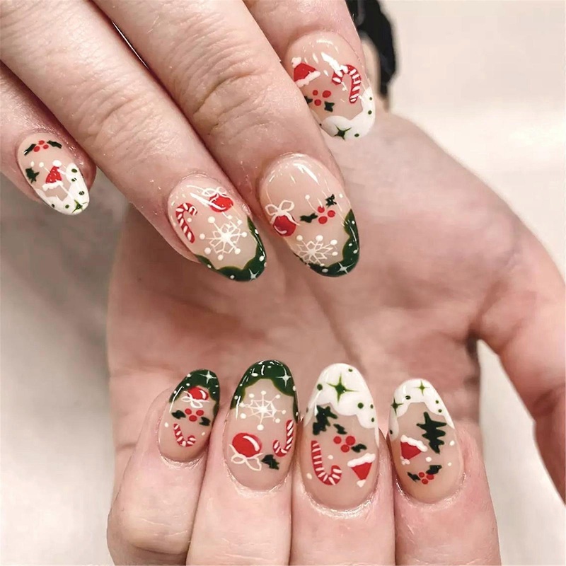 Stick On Nail Short Almond Christmas Press on Nail Glossy Artificial False Nail with Snowflake Designs for Creative Nail