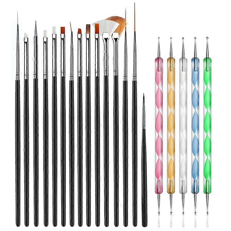 20pcs Nail Art Design Tools, 15pcs Painting Brushes Set with 5pcs Dotting Pens, BLACK