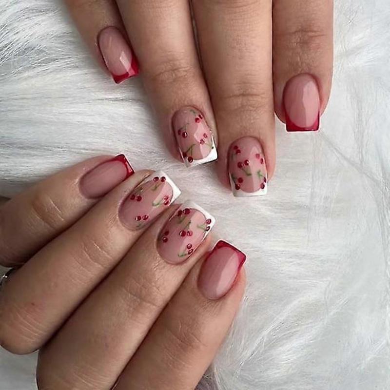 24 pcs French Tips False Nails Short, Nude French Artificial Nails with Cherry Design, Glossy Angles Artificial Nails False Nails with Nail Glue