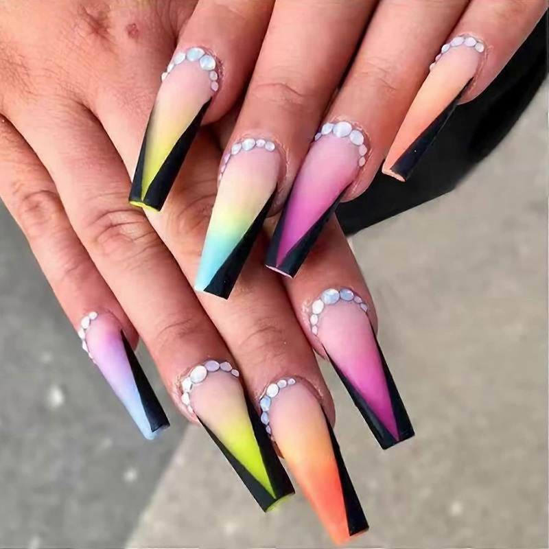 Press on Nails Long Fake Nails Colorful Glue on Nails Matte Rhinestones 24Pcs Rainbow Acrylic Nails for Women and Girls