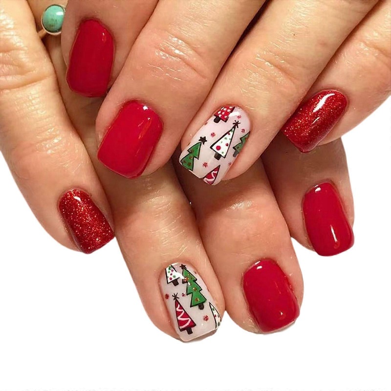 Short Square False Nails Christmas Tree Artificial Nails Glittering Full Cover Stick on Nails Press On Nails for Woman