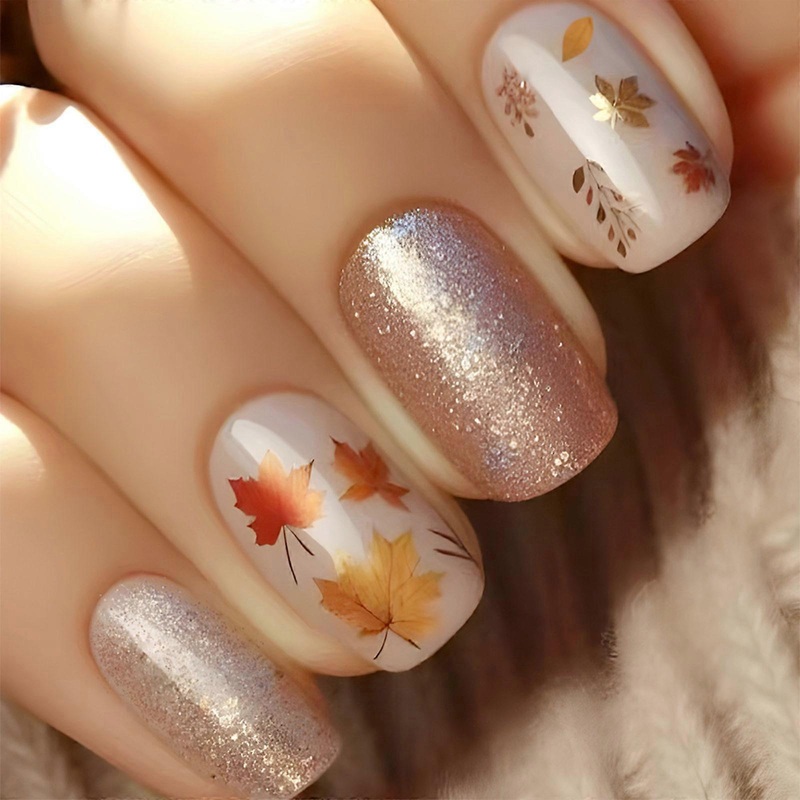 Thanksgiving Press on Nails Square Short Glossy Full Cover Acrylic Square False Nails with Maple Leaf Designs 24pcs