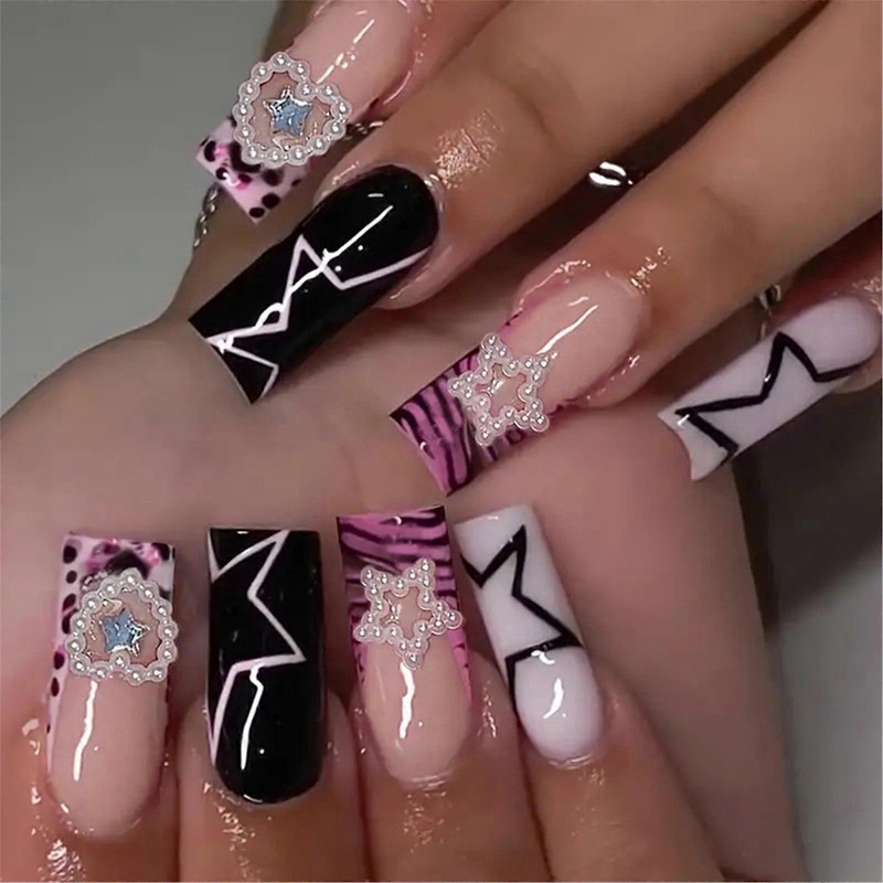 24 Pcs 3D Bows Press On Nail Stars False Nail Heart Acrylic Nail Glossy Full Cover Stick on Nail for Woman