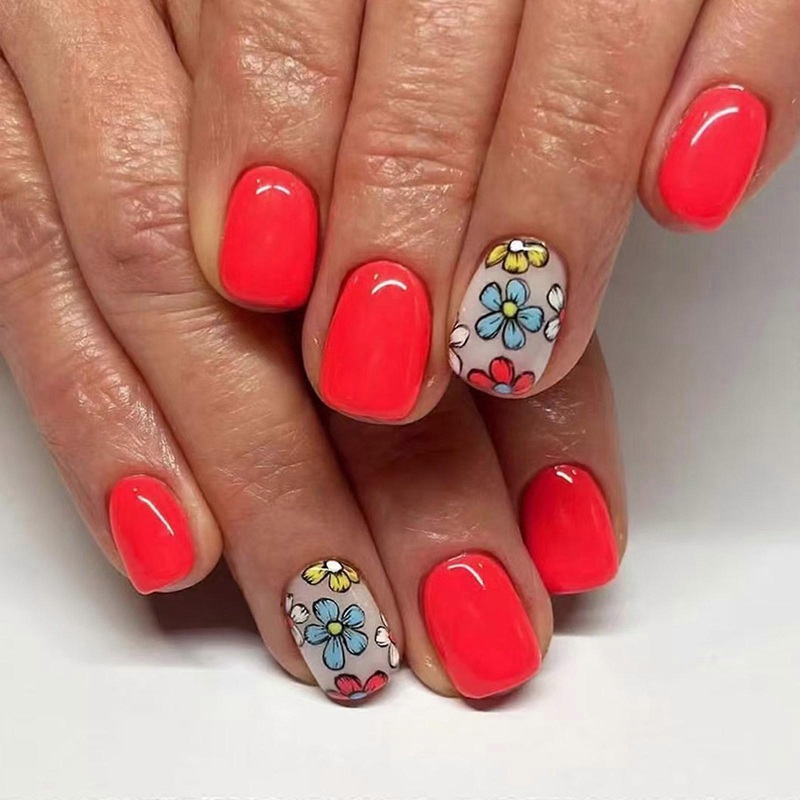 Press on Nail Short Square False Nail Floral Designs Glossy Full Cover Stick on Nail Manicure for Women 24 Pieces