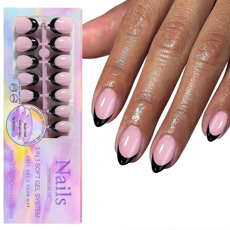 Quick Apply 150Pcs Black French Tip False Nails Short Coffin Soft Gel Tips Manicure Nails Art Accessories 15 Sizes