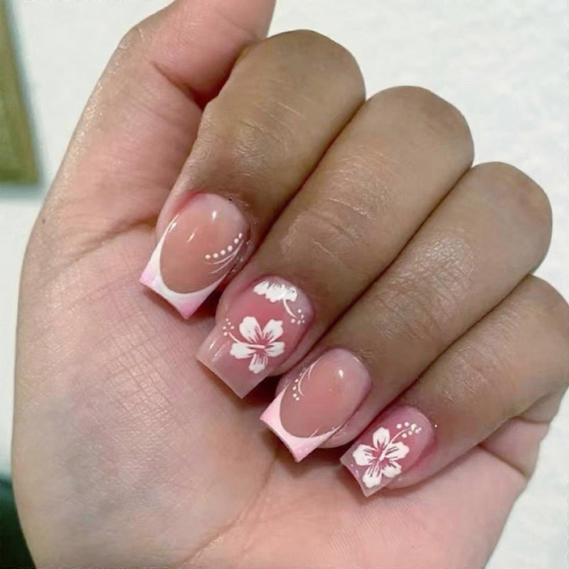 Square Press On Nail Flower Fake Nail Glues On Nail Artificial Acrylic Nail 12 Size 24pcs Stick On Nail for Women Girls