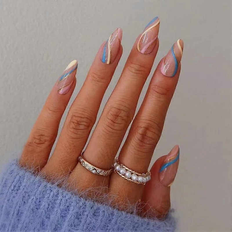Swirl Almond Fake Nails Wave Pattern Stiletto Glue on Nails Abstract Pink False Nails 24 pcs Acrylic Art Press-on