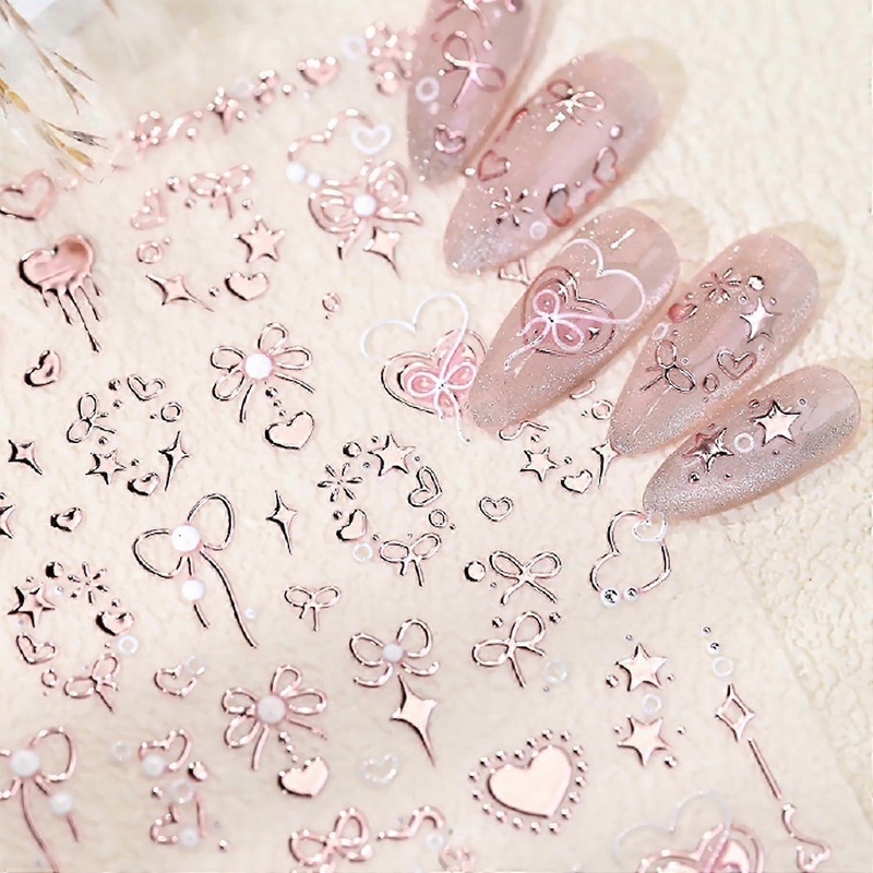 1 pcs Valentines 5D Embossed Nail Art Stickers Romantic Rose Gold Nail Decals Self Adhesive Bronzing Bow Heart Nail Stickers Valentine's Pink Nail Des