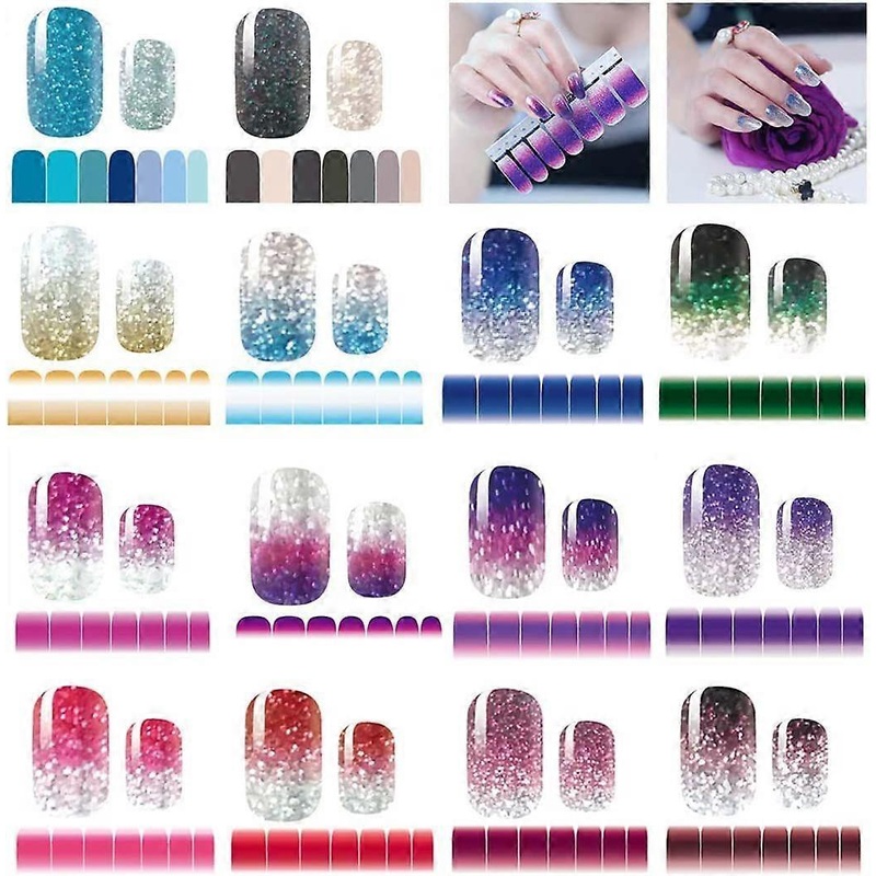 14 Sheets Nail Stickers Glitter Gradient Color Shine Full Wraps Polish Stickers Decal Strips Self-Ashesive Nail Art Sets for Women Girls