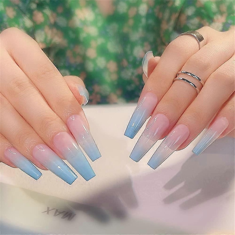 Press On Nails, Extra Long False Nails Full Cover Set Ballerina Artificial Nails 24pcs/Set Coffin Fake Nail Gradient Blue Color With Glue Sticker Nail