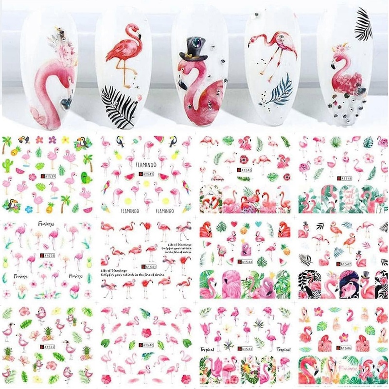 Summer Nail Art Stickers Decals Flamingo Nail Decoration Water Transfer Green Leaf Pink Red Flower Flamingo Elegant Design Leisure Summer Day Nail Sup