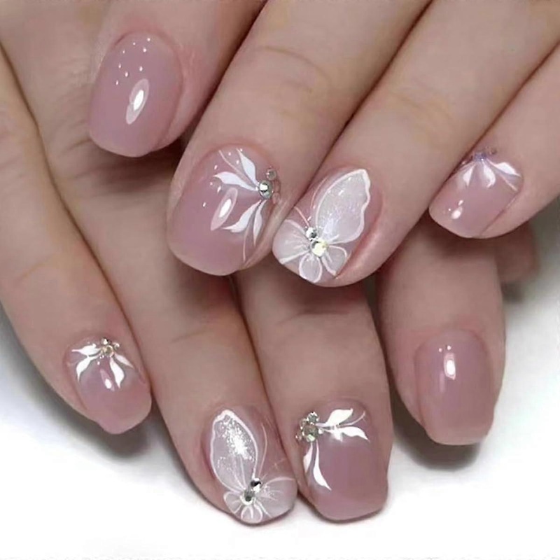 Short Press on Nails Medium Coffin Fake Nails Pink White Butterfly Design Acrylic Nails Gl