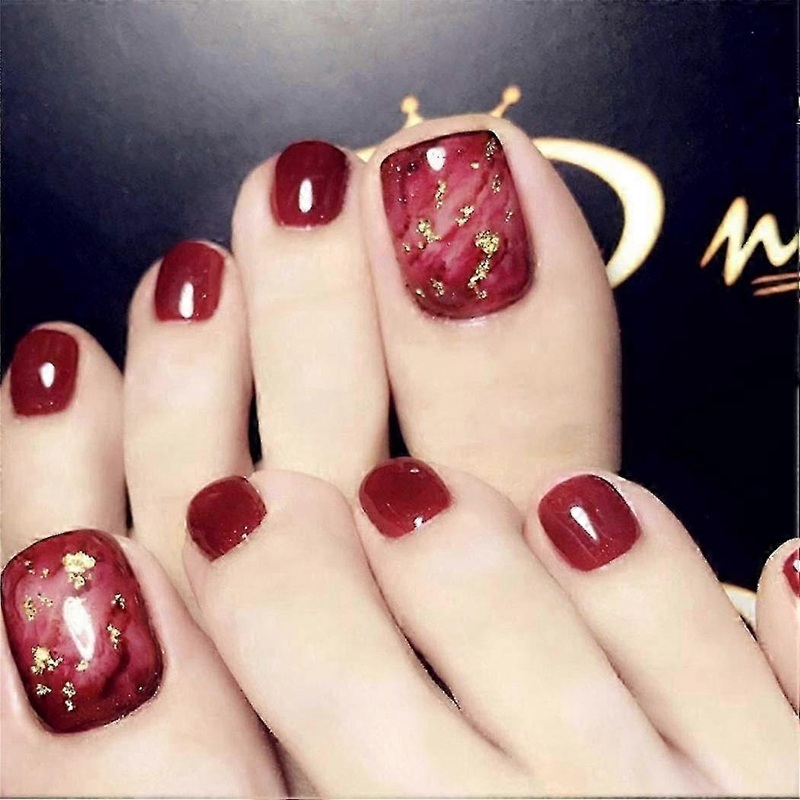 Square Smudged Toe Press On Nails Red Short Glossy False Feet Nails Full Cover