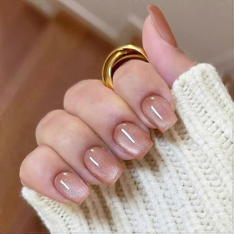 Thick cat eye gel nails press on, glitter press on nails short square, glitter