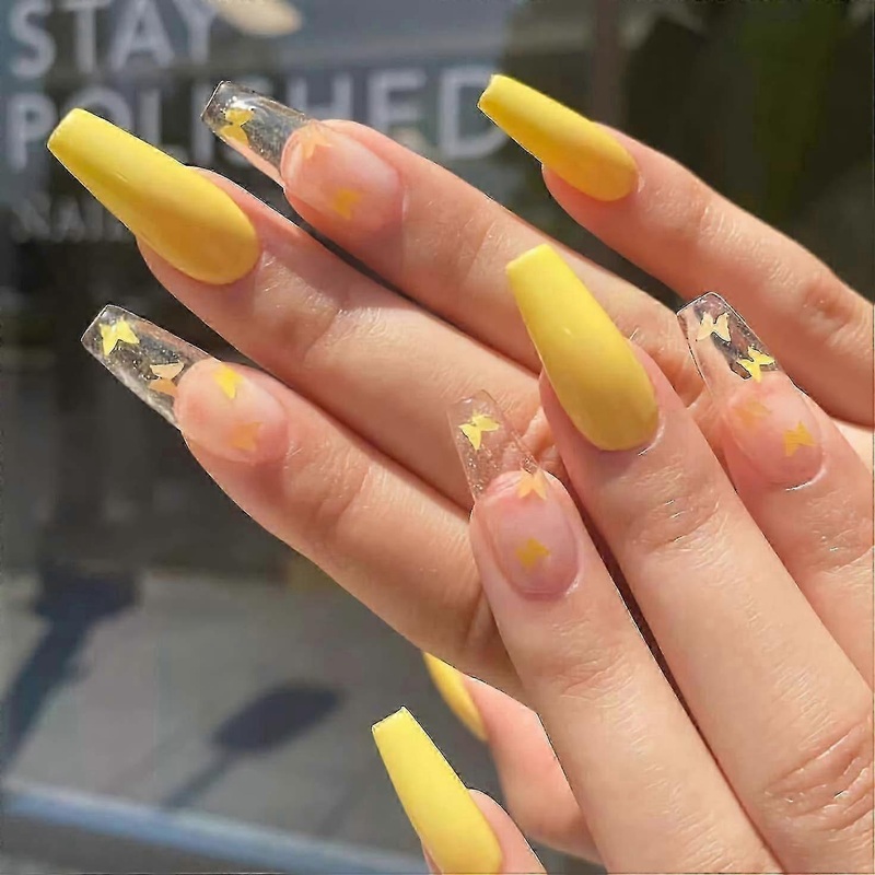 Yellow Fake Nails Glossy Coffin Extra Long Press on Nails with Butterfly Design