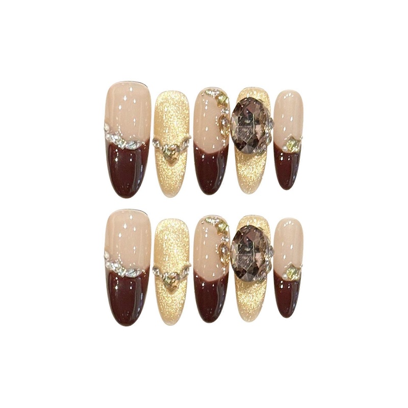 10PCS False Nails Caramel Latte French Cat Eye False Nails with UV Glitter Fall