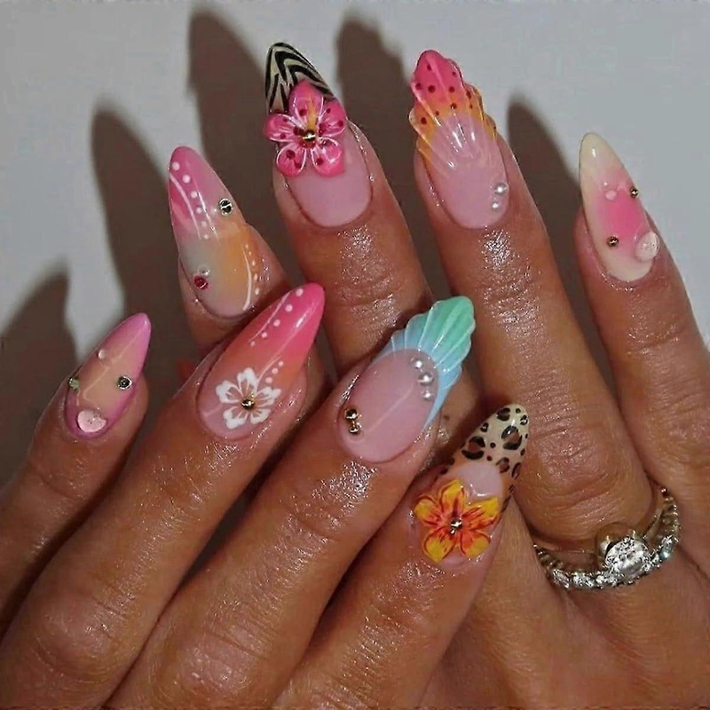 24 Pcs Ombre Pink Press on Nails Short Almond Nail Tips, Summer Fake Nails Press