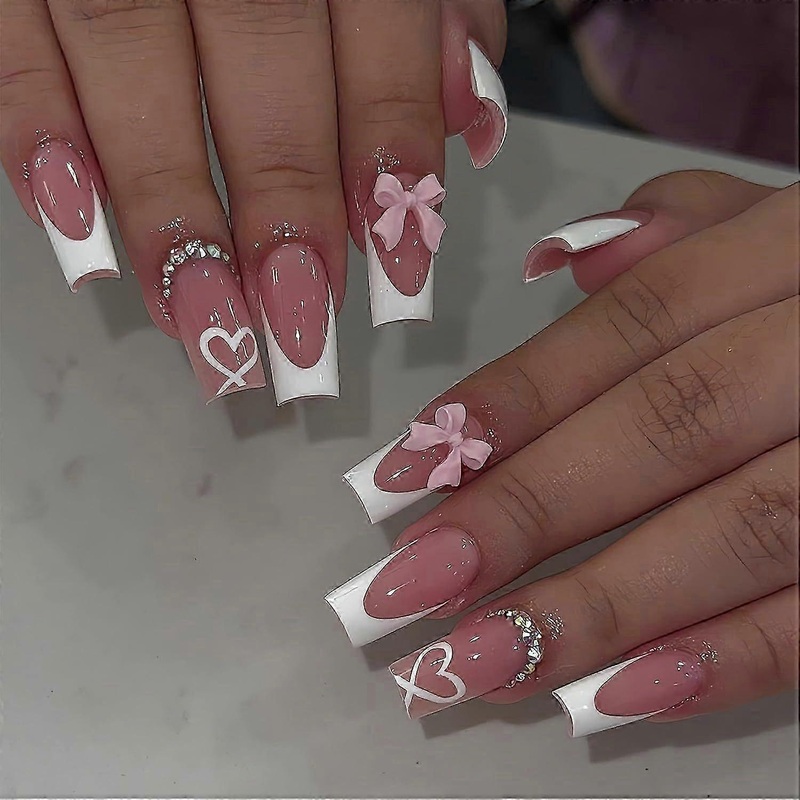 Press on Nails Long White French Tip Fake Nails with 3D Bow Rhinestone and Heart