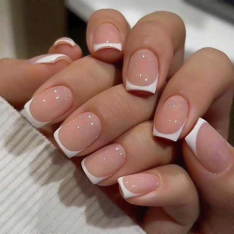 White Press on Nails Short Square French White Fake Nails Fashion Design Acrylic