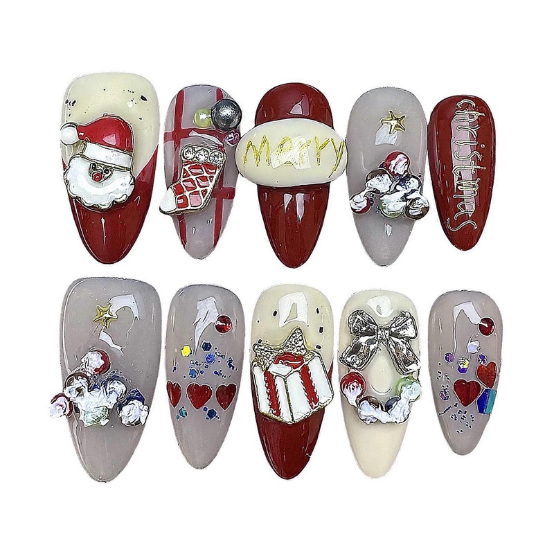 10 Pcs Christmas Artificial Nails Simple Elegant Handmade Press On Nails With