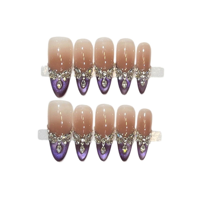 10 Pcs Press On Nails Purple Ombre Rhinestone Nail Tips Artificial Nails With