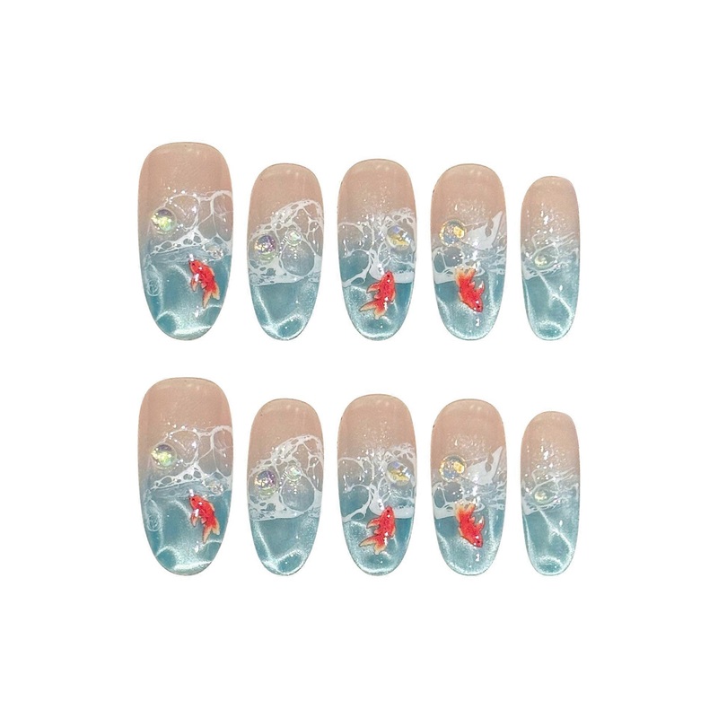 10PCS Blue Cat Eye Fake Nails Ocean Wave Gradient Magnetic Handmade Press On