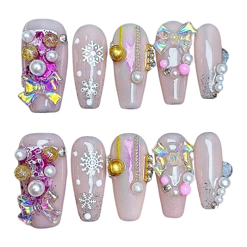 10Pcs Christmas Artificial Nails Handmade Press On Nails With Bow Pearls Design