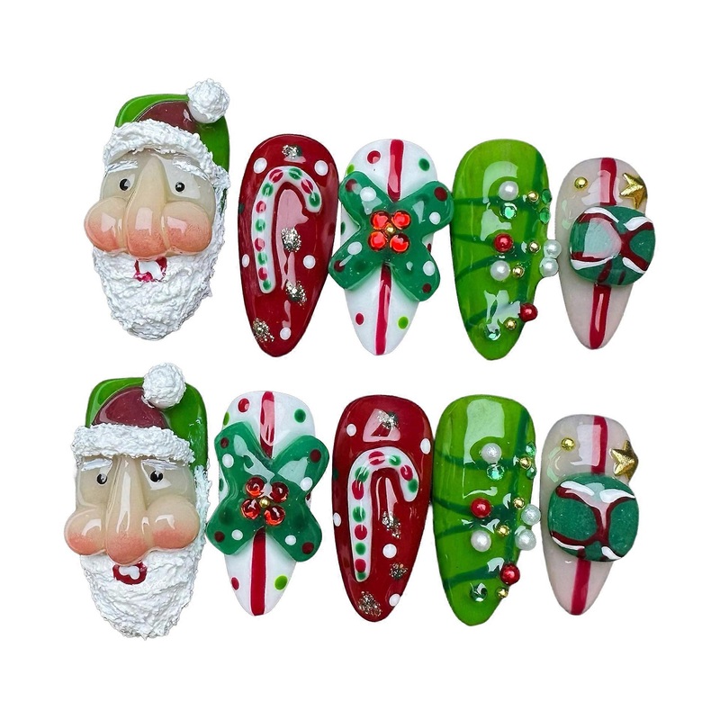 10PCS Christmas Artificial Nails with Snowflake and Reindeer Design False Nails