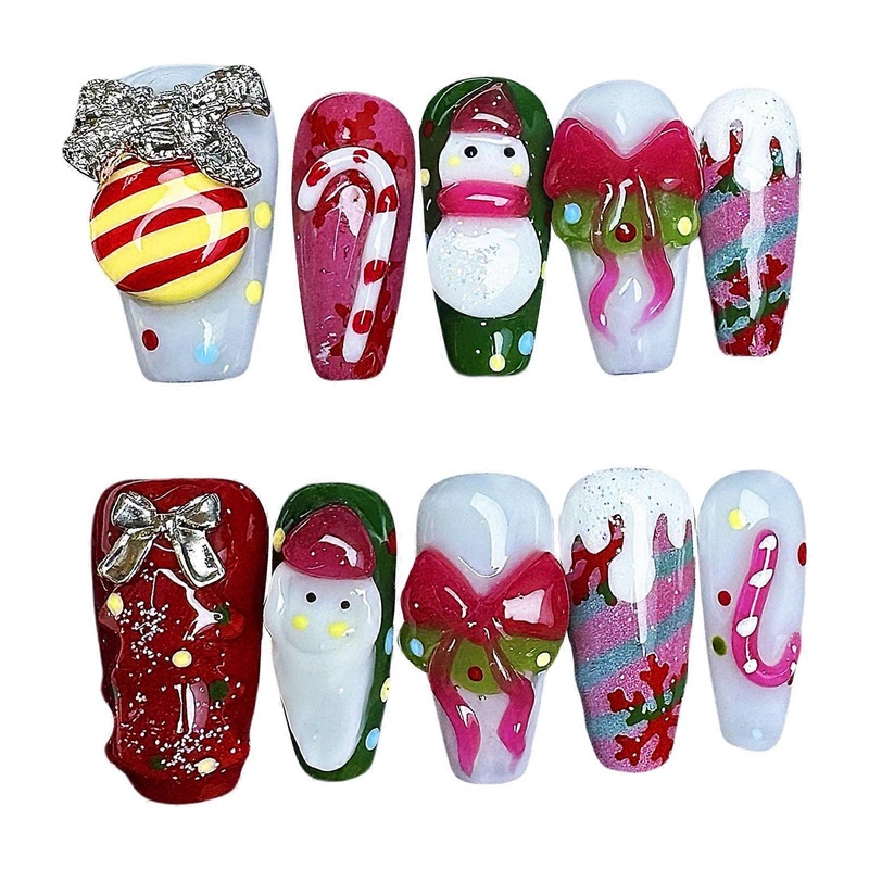 10Pcs Christmas Embossed Nail Art Tips With Snowman Bow Decor Handmade Press on