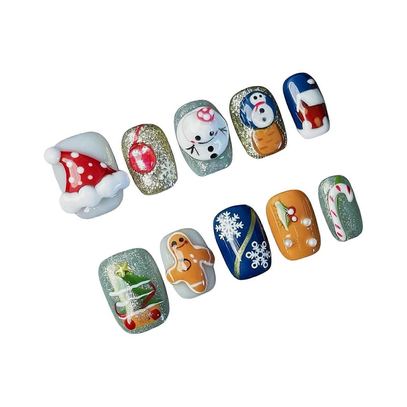 10Pcs Christmas Snowflake Snowman Gingerbread Man Nail Tips With Holiday