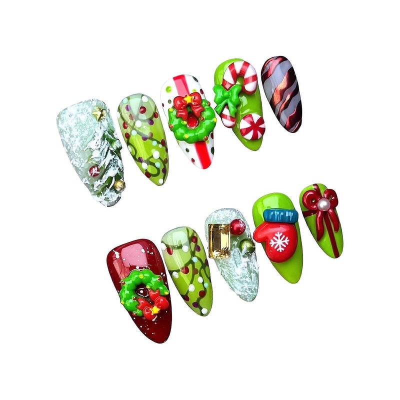 10Pcs Christmas Tree Press On Nails Hand Sculpted Christmas Artificial