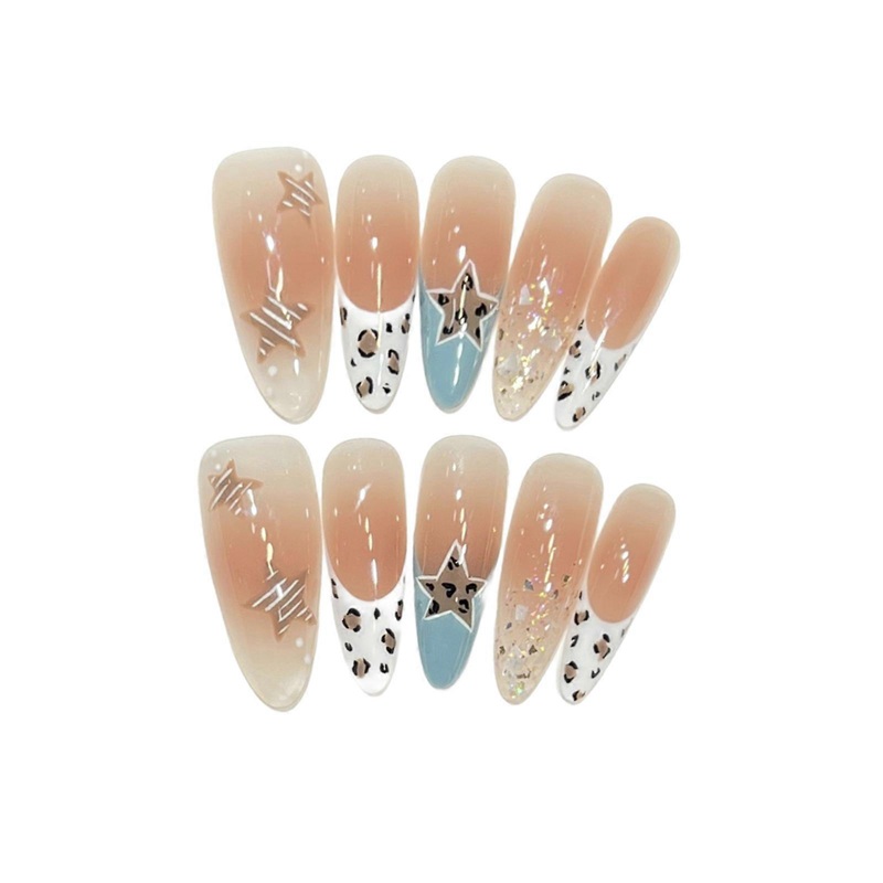 10Pcs Leopard Print Press On Nails Long Oval Design French Elegant Gradient Tips