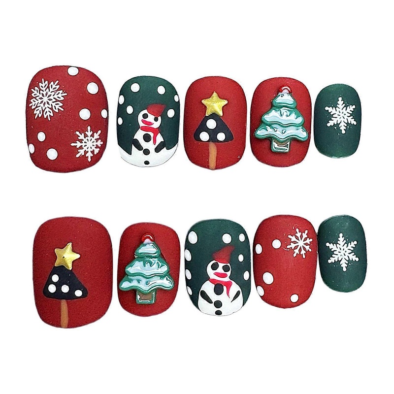 10Pcs Short Round Coffin Fake Nails Christmas Nail Tips with Snowman and Tree
