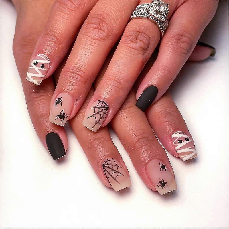 24 Pcs Halloween Press on Nails Square Medium Fake Nails with Glue Full Cover