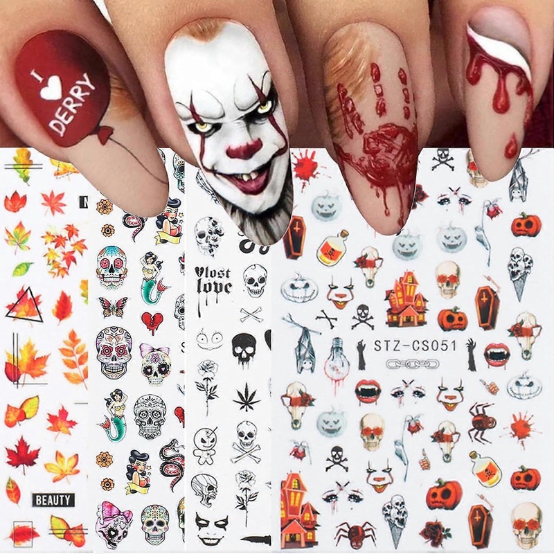 Sheets halloween autumn fall nail art stickers decals self-adhesive skull spider web pumpkin design manicure tips nail d