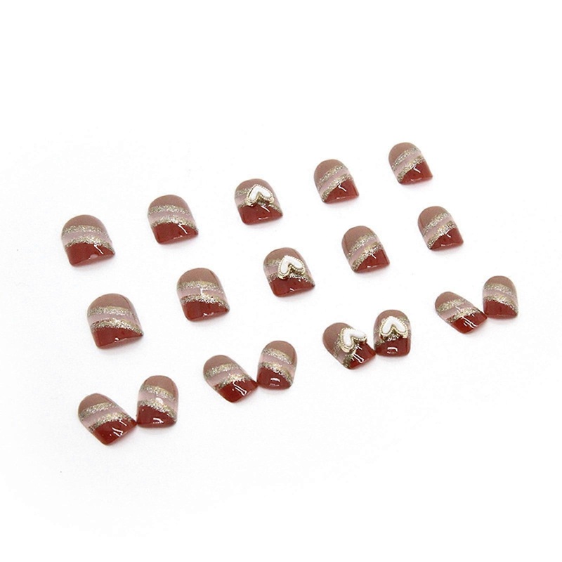 TanChengg Acrylic Press on Nails Short Early Autumn Coffee Color Love Press On Nail Nail Patch Shiny Gold Nail Wearing Finished Product 1ml