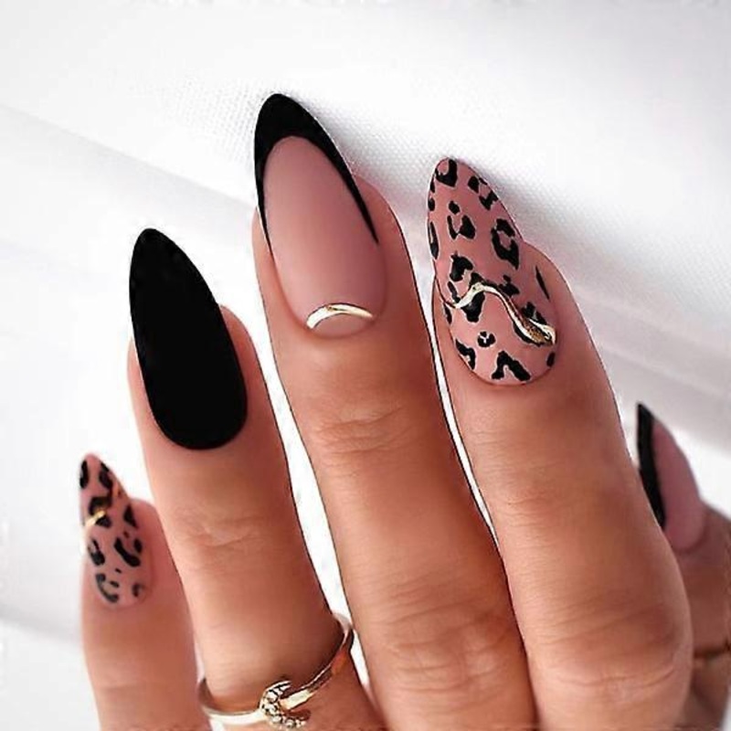 24 frosted false nails with leopard print, black and gold French manicure.