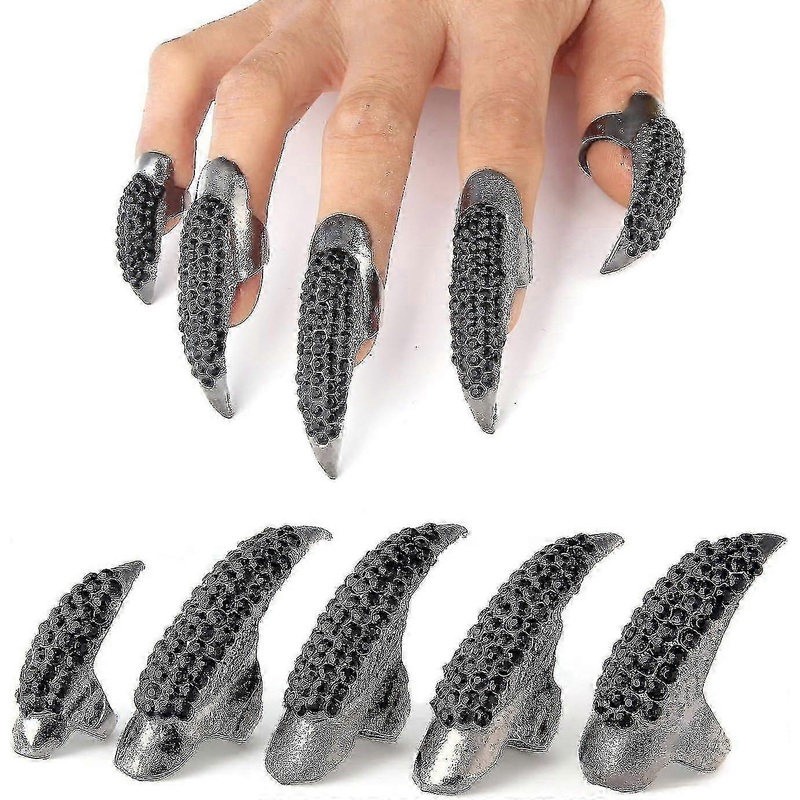 Qqdd 10 Pcs Costume Claws Fake Nails Ring Set, Gothic Punk 3 Sizes Crystal Full Finger Rings P