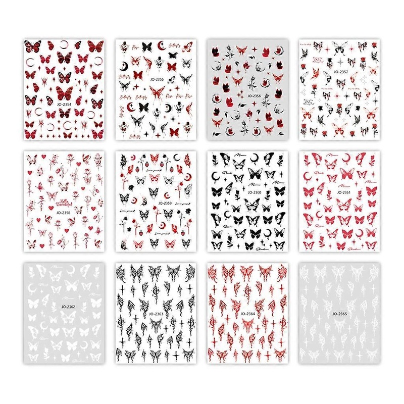 12 Sheets Dark-Black Red White Butterfly Moon Star Light-Flowers Self-Adhesive Nail Art Stickers Manicure Ornaments