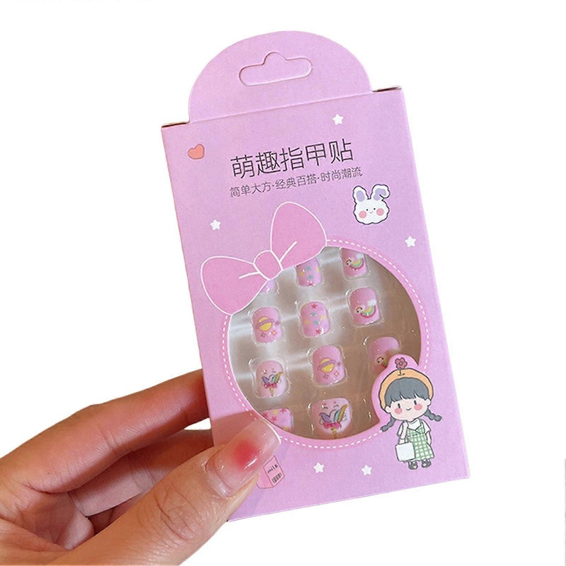 12Pcs Children Fake Nail Kawaii Self-adhesive Fake Nail Set Creative Manicure Art for Kids Decorations