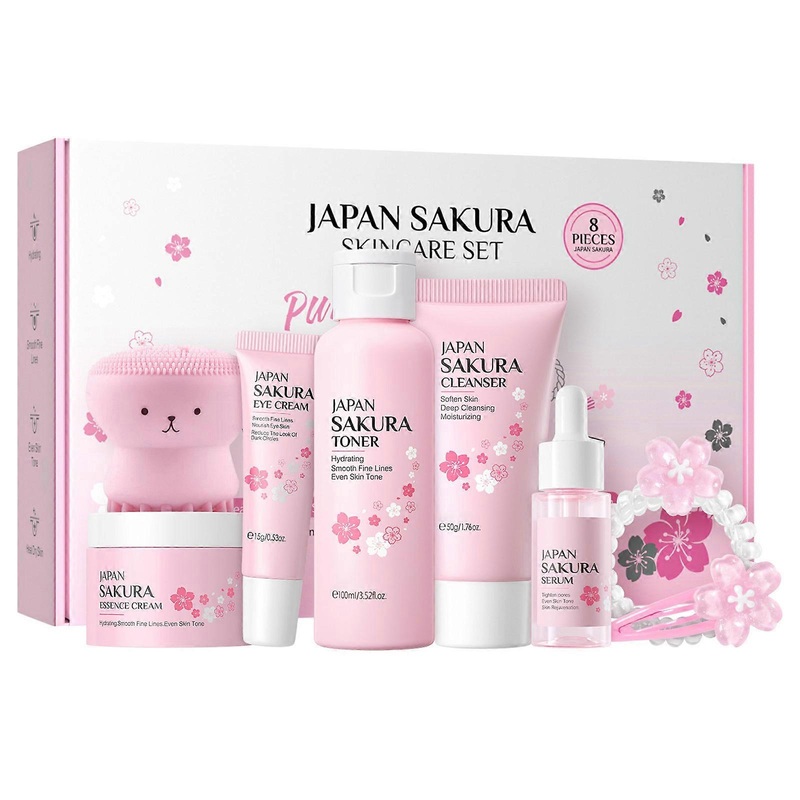 8 Pcs Flower Skincare Kits for Teens Girl Women Skincare Travel Present Set with Essences Cream Cleanser Eye Cream