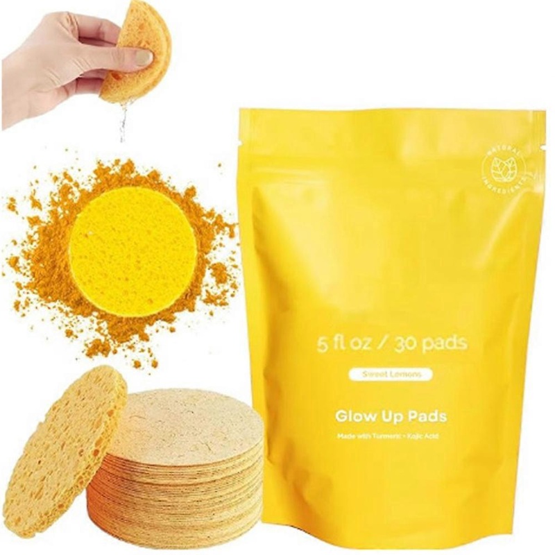 Facial Sponges - Turmeric & Kojic Acid Glow Up Pads - Compressed Natural Face Sponge - Face Cleansing, Massage, Pore Exfoliating, Skin Care