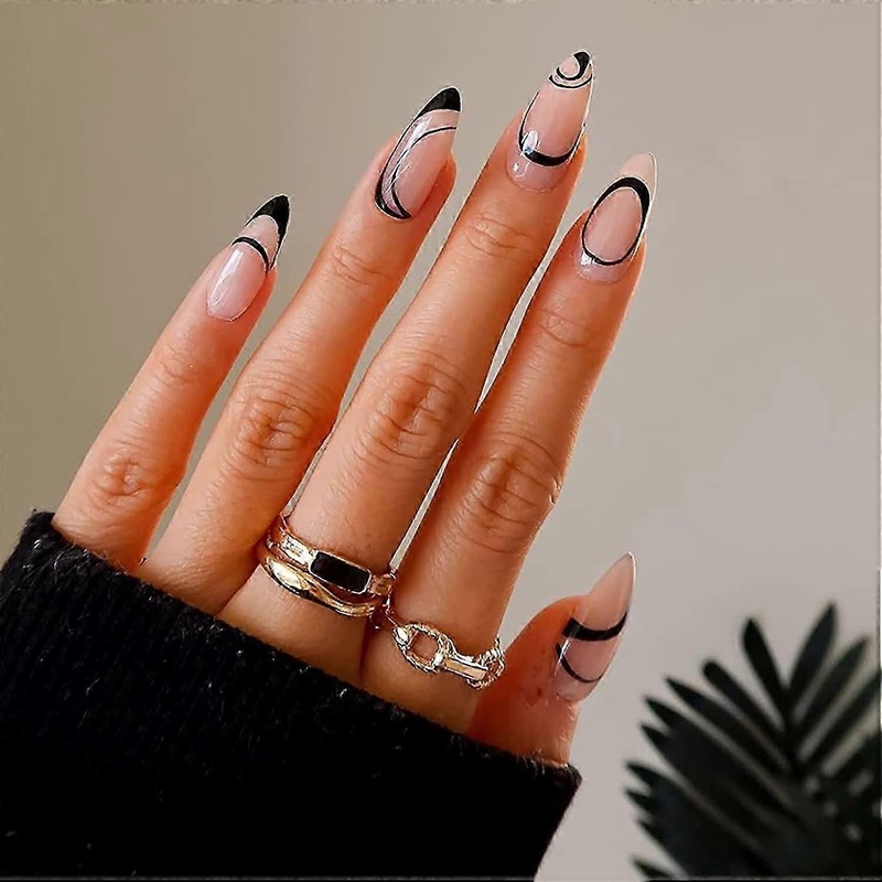 Stiletto Press on Nails Medium Length, Acrylic Fake Nails Glue on Nails Medium, False Nails with Glue for Women and Girls (Black Swirl)