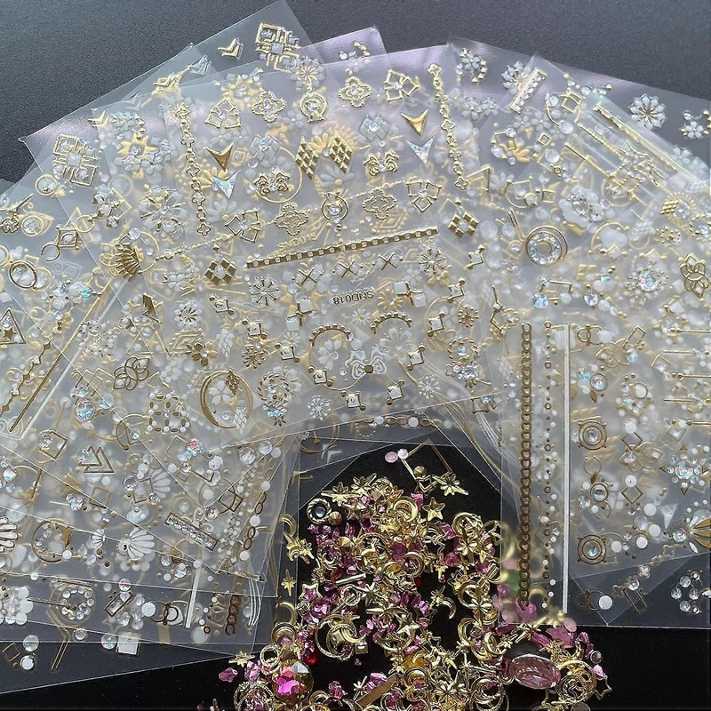 20 Sheets 3D Nail Art Stickers, Gold/Diamond Design Luxury Nail Self-Adhesive Decals Metallic Nail Stickers